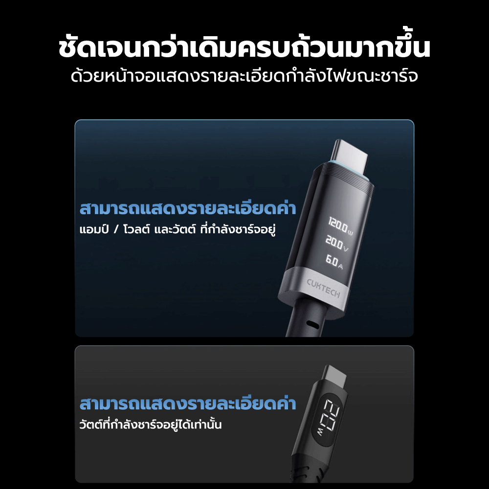 สายชาร์จ CUKTECH CTC620P สีดำ 6A 240W สายชาร์จมีจอ USB-C TO USB-C รองรับชาร์จเร็ว PD3.1_3